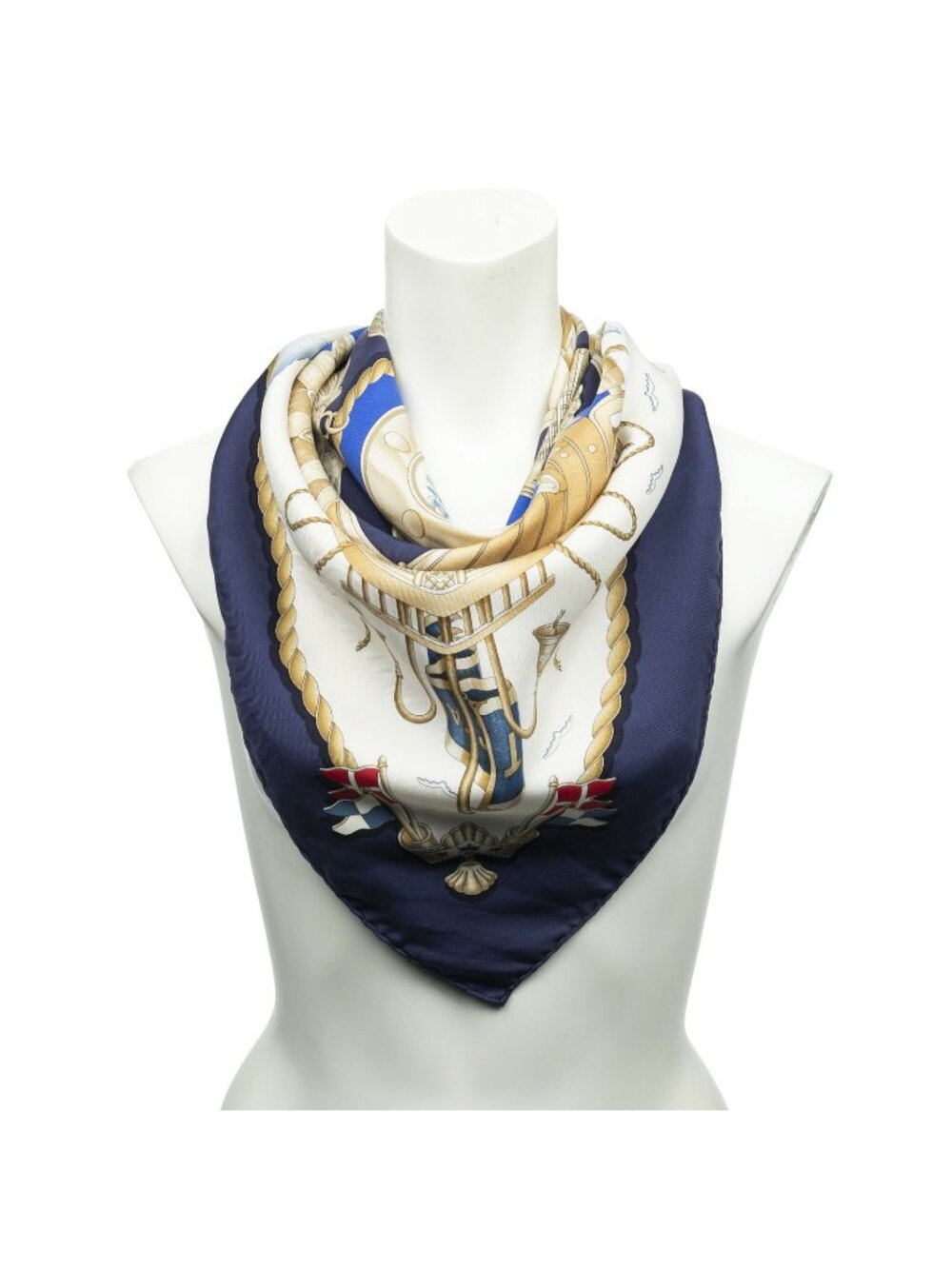 Hermes Scarf Navy Blanc's White Twill Silk